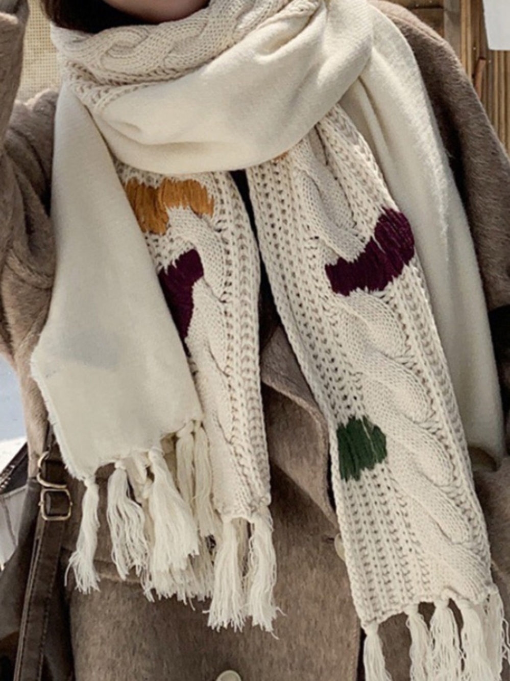 Zara Cream Knit Fringe Scarf with Colored Accents